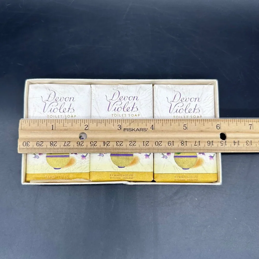 Vintage Devon Violets Toilet Soap Set 3 Bars White and Co England 1970s Bathroom